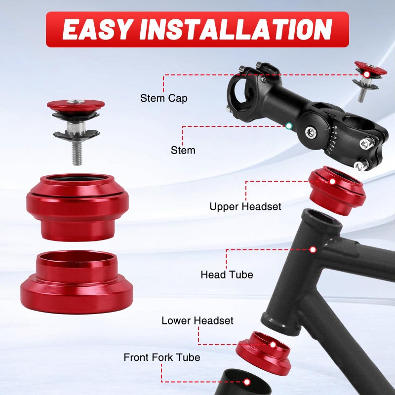 Tongze 1-1/8"" 34mm Bike Headset, MTB Headset Fits for Mountain Bike Road Bicycle with Bearing & Stem Cap(Red) - Image 3